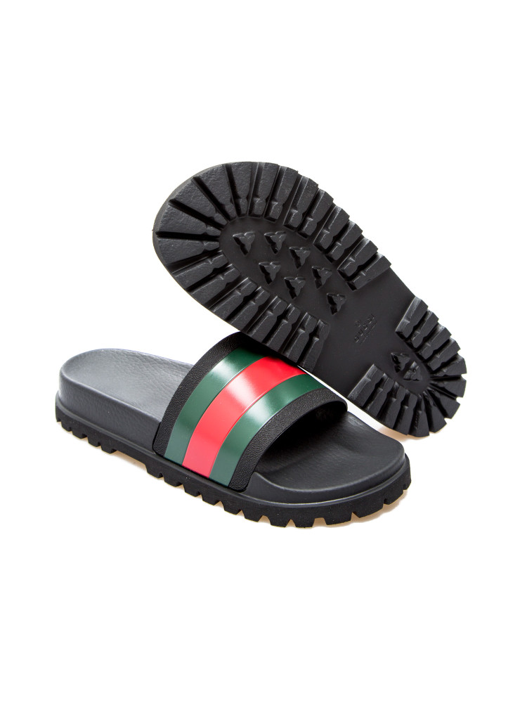 Gucci Black Leather And Web Tape Detail Slide Flat Sandals Size 42 Gucci |  TLC